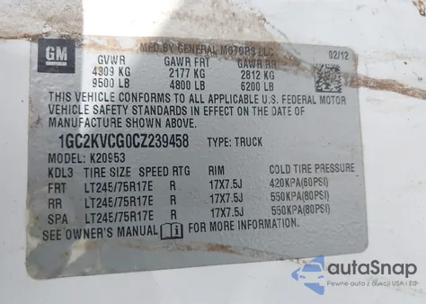 2012 Chevrolet Silverado 2500Hd Work Truck from USA, damaged, VIN 1GC2KVCG0CZ239458